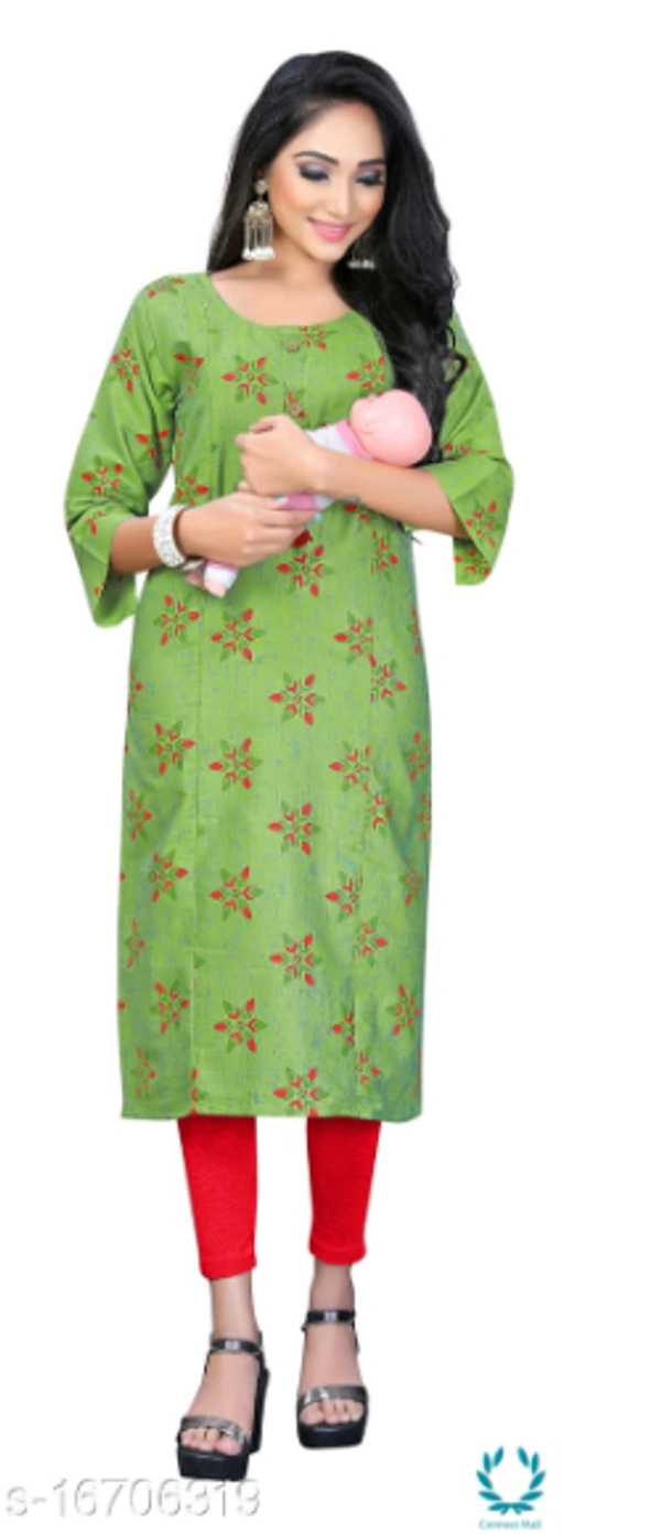 Women Cotton Maternity Applique Green Kurti - XL (Bust Size: 42 in, Size Length: 44 in)